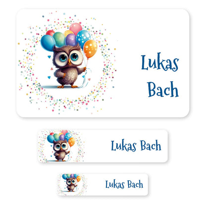 Schulaufkleber mit Name, bunter Eule und Punkten (100 Stück)