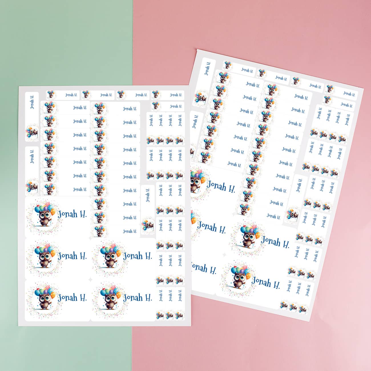 Etiketten mit Name und bunter Eule (100 Stück)