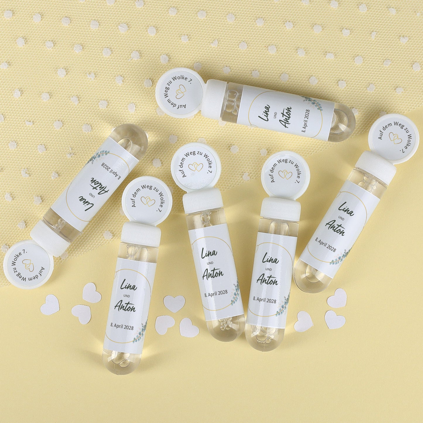 Romantisches 6er Set personalisierter Seifenblasen mit Namen Lina und Anton zur Hochzeit