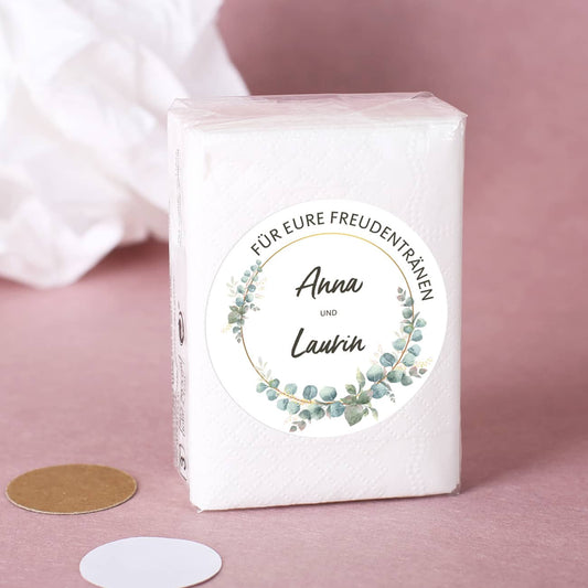 Freudentränen-Taschentücher zur Hochzeit mit Eukalyptus-Motiv & Namen