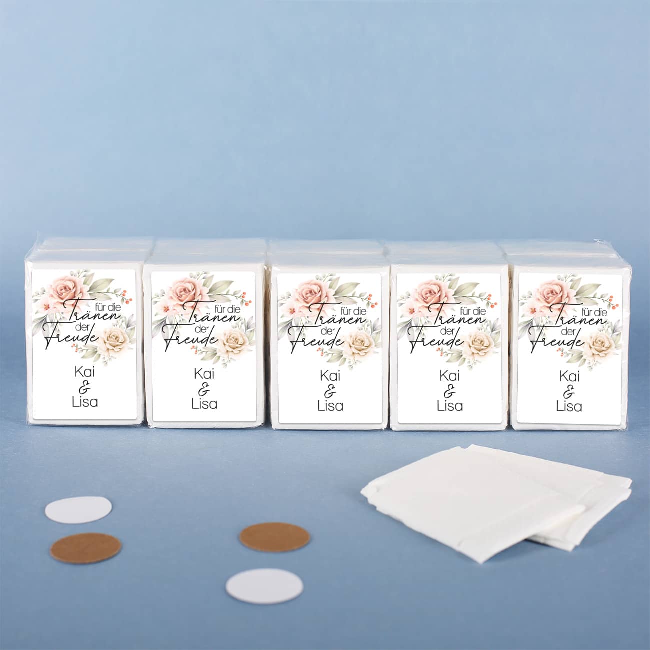 10er-Set Taschentücher "Für die Tränen der Freude" mit Rosen und Ihren Wunschnamen gestaltet