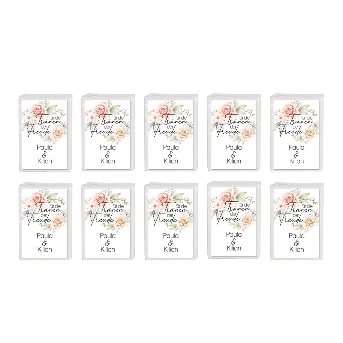 Taschentücher für Freudentränen im 10er-Set mit persönlichem Aufkleber