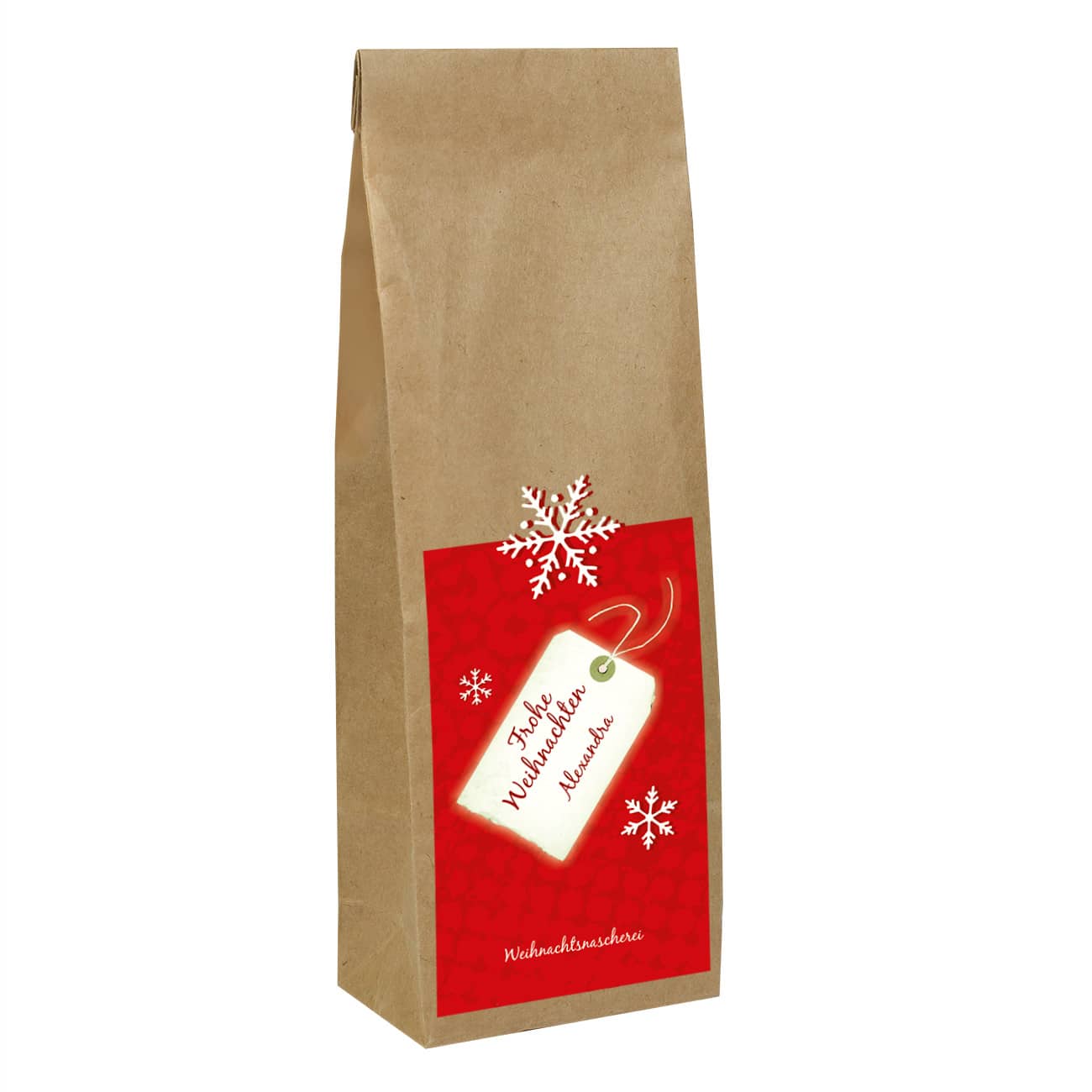 Tee zu Weihnachten mit Schneeflocken Etikett  und Name bedruckt