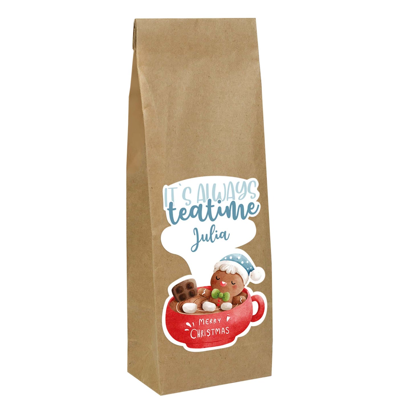 Packung Tee mit personalisiertem Sticker zu Weihnachten