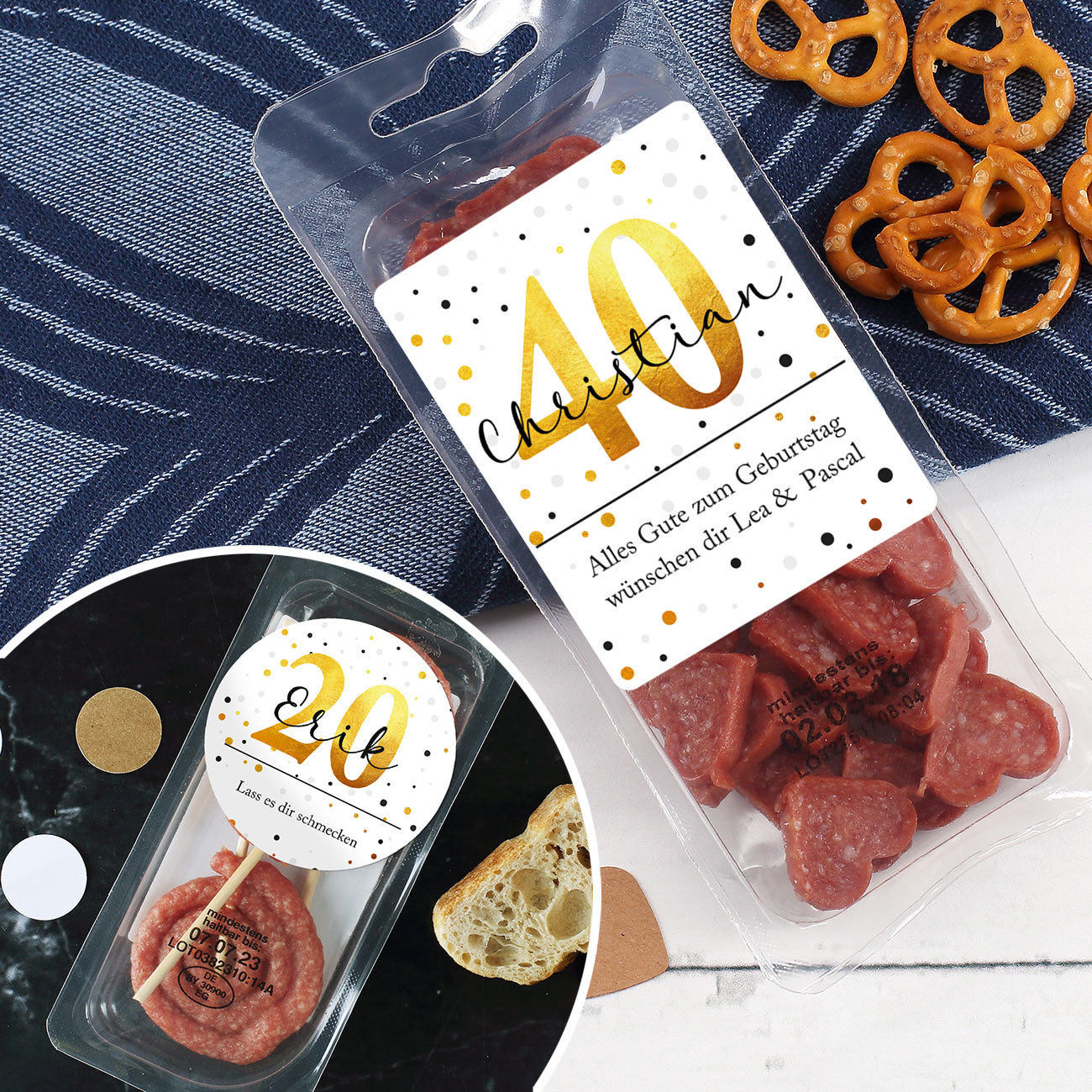Salami-Herzen oder -lollies zum Geburtstag mit Name, Alter und Wunschtext bedruckt