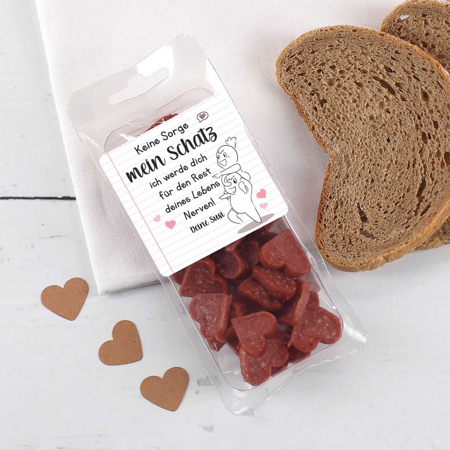 Ich werde dich immer nerven! - Salamiherzen mit Ihrem Wunschtext