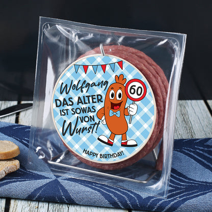 Das Alter ist Wurst! - Salami Kabeltrommel mit personalisiertem Etikett
