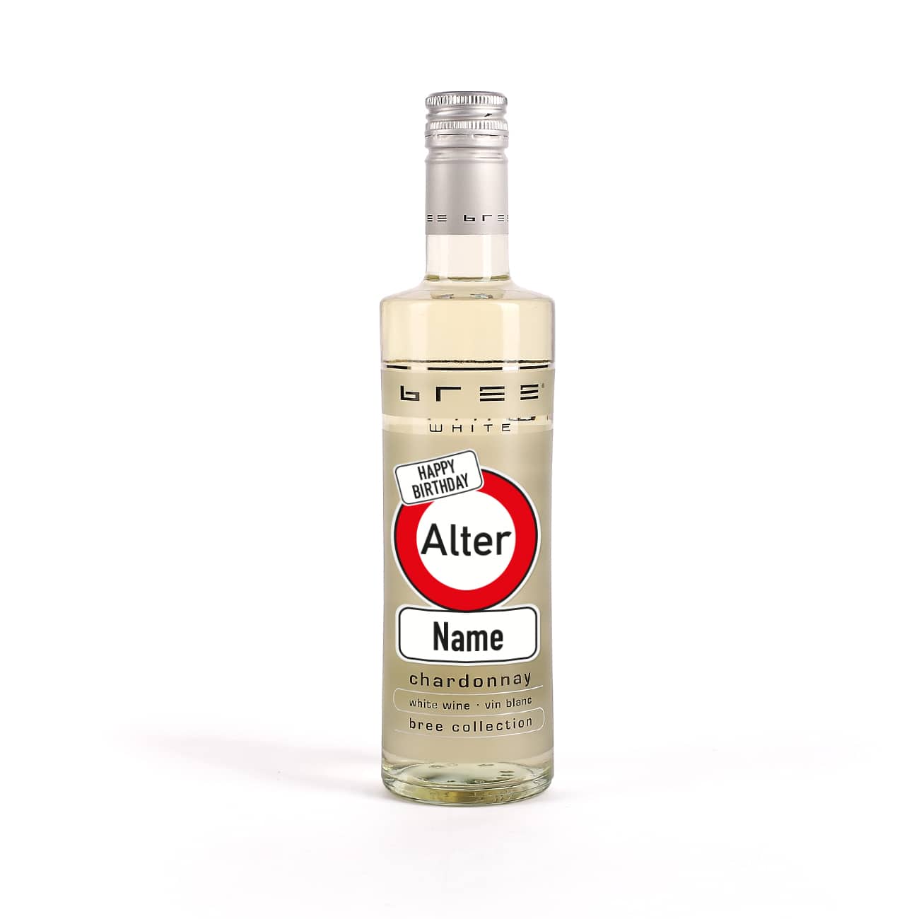 Kleiner BREE Wein zum Geburtstag mit Verkehrszeichen, Name und Alter