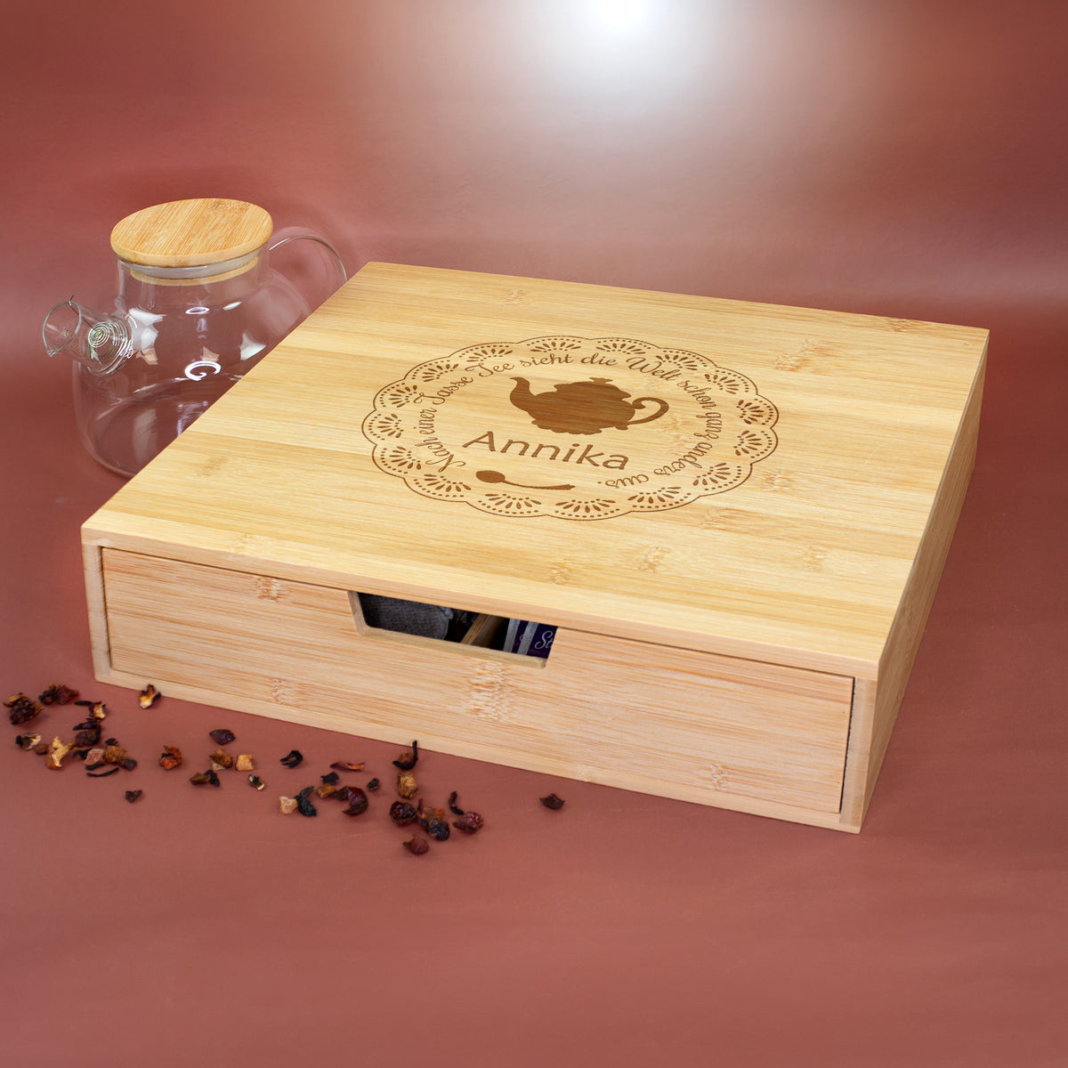 Teebox aus Bambus mit Name graviert | Personalisierte Tee Aufbewahrungsbox mit Schublade als Geschenk