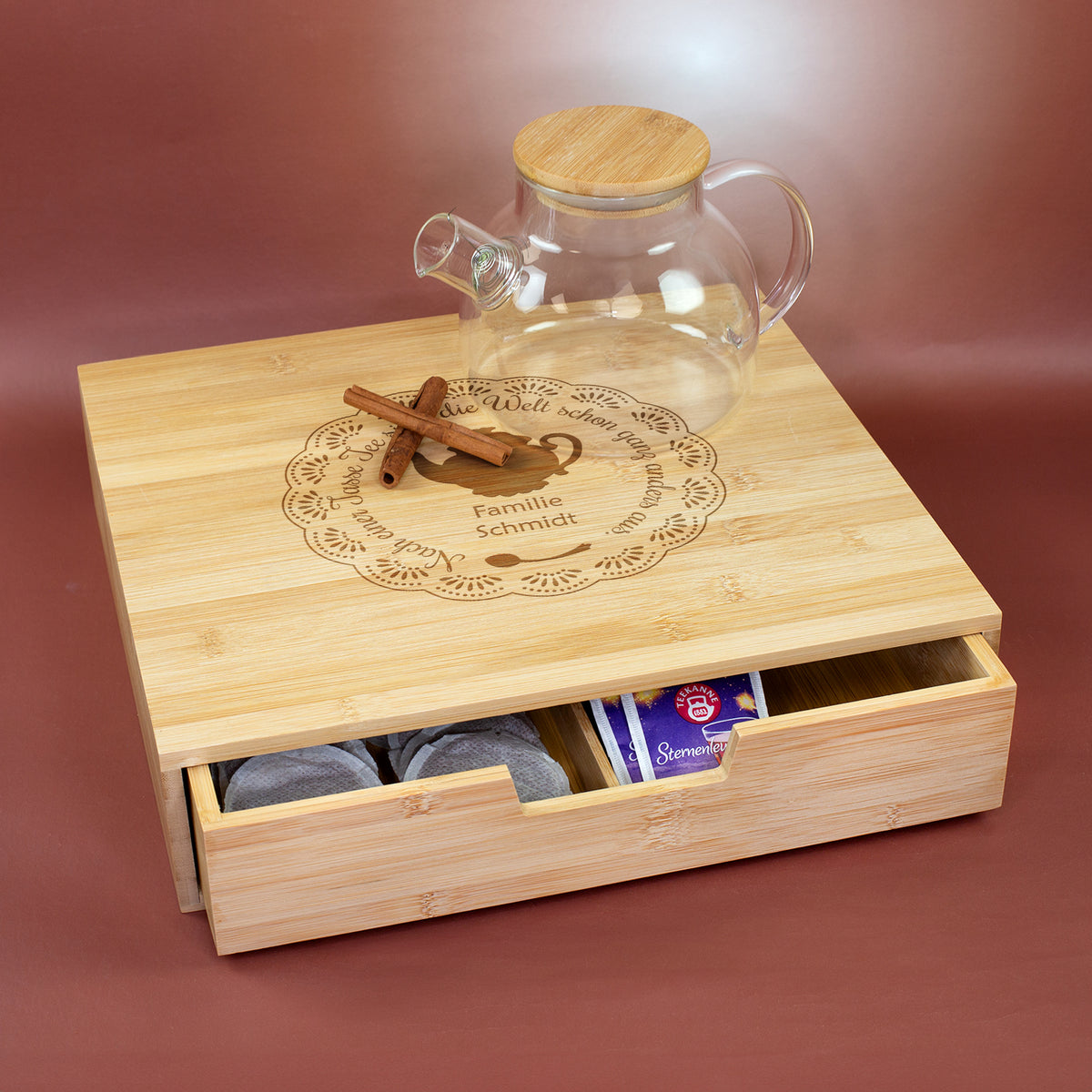 Teebox aus Bambus mit Name graviert | Personalisierte Tee Aufbewahrungsbox mit Schublade als Geschenk