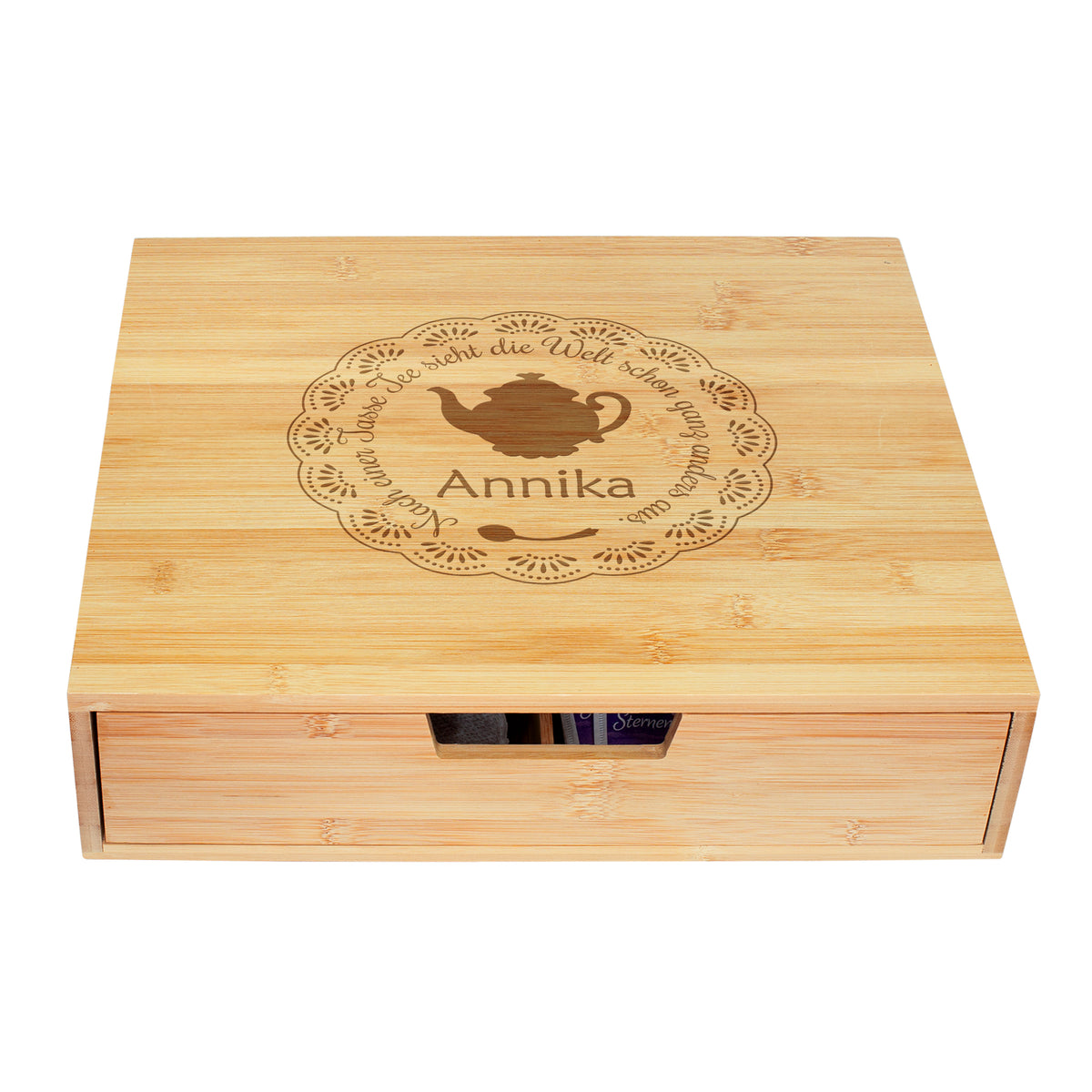 Teebox aus Bambus mit Name graviert | Personalisierte Tee Aufbewahrungsbox mit Schublade als Geschenk