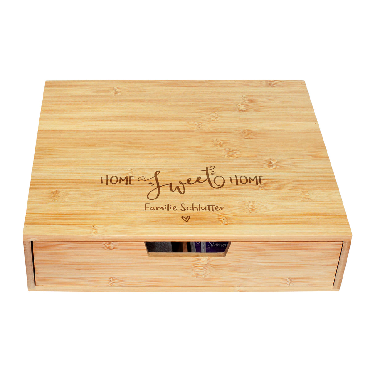 1. Aufbewahrungsbox aus Bambus mit Schublade und personalisierter Home Sweet Home Lasergravur