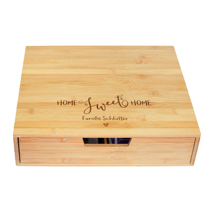1. Aufbewahrungsbox aus Bambus mit Schublade und personalisierter Home Sweet Home Lasergravur