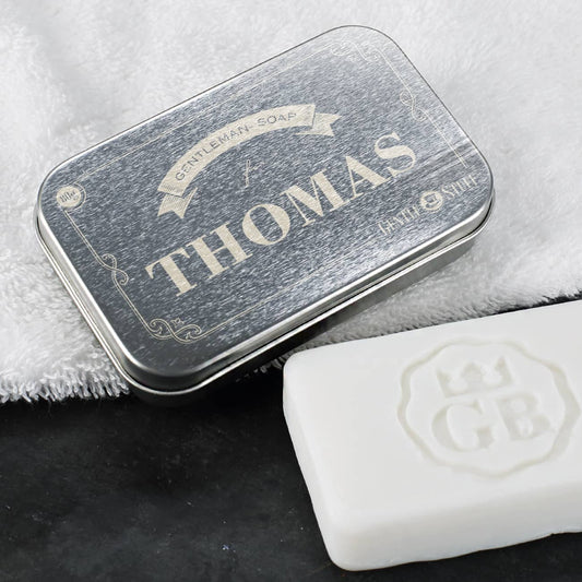 Seife mit gravierter Metall-Geschenkdose mit Name nach Wunsch