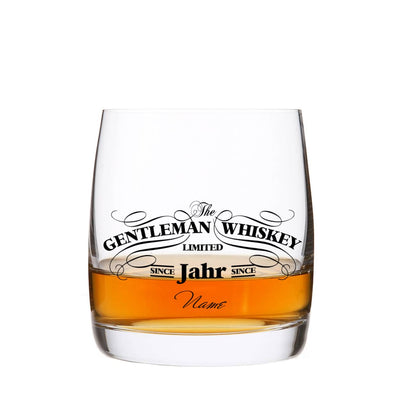 Schwarz oder Weiß bedrucktes Gentleman Whiskey Glas mit Name und Jahr