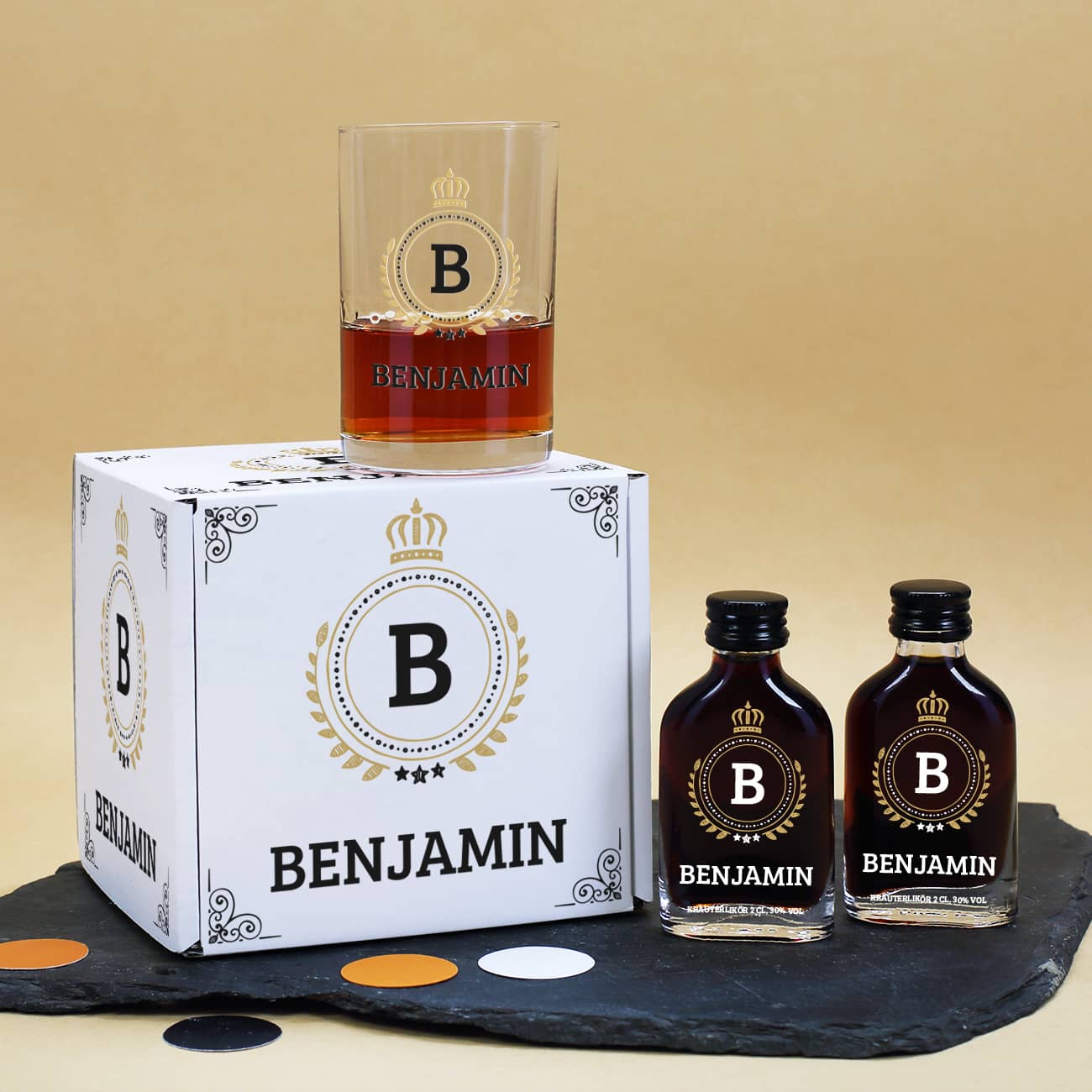 Geschenkset mit Box, 2 Kräuterlikören und Schnapsglas