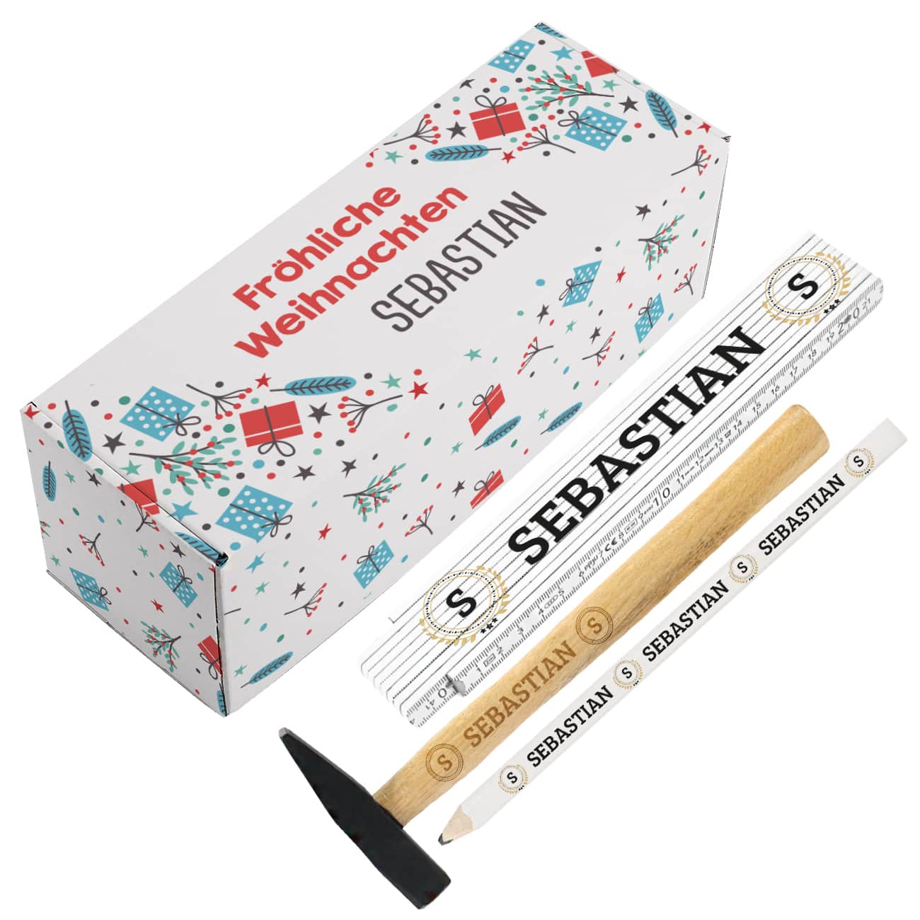 Personalisiertes Set bestehend aus Box, Zollstock, Hammer und Bleistift