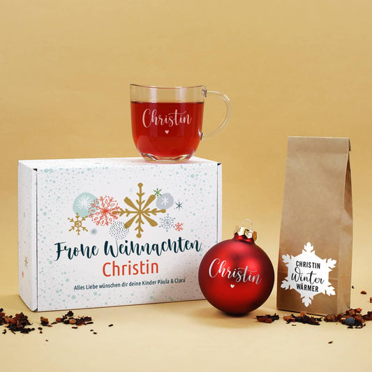 Geschenkset zu Weihnachten mit Box, Teeglas, Weihnachtskugel und Früchtetee