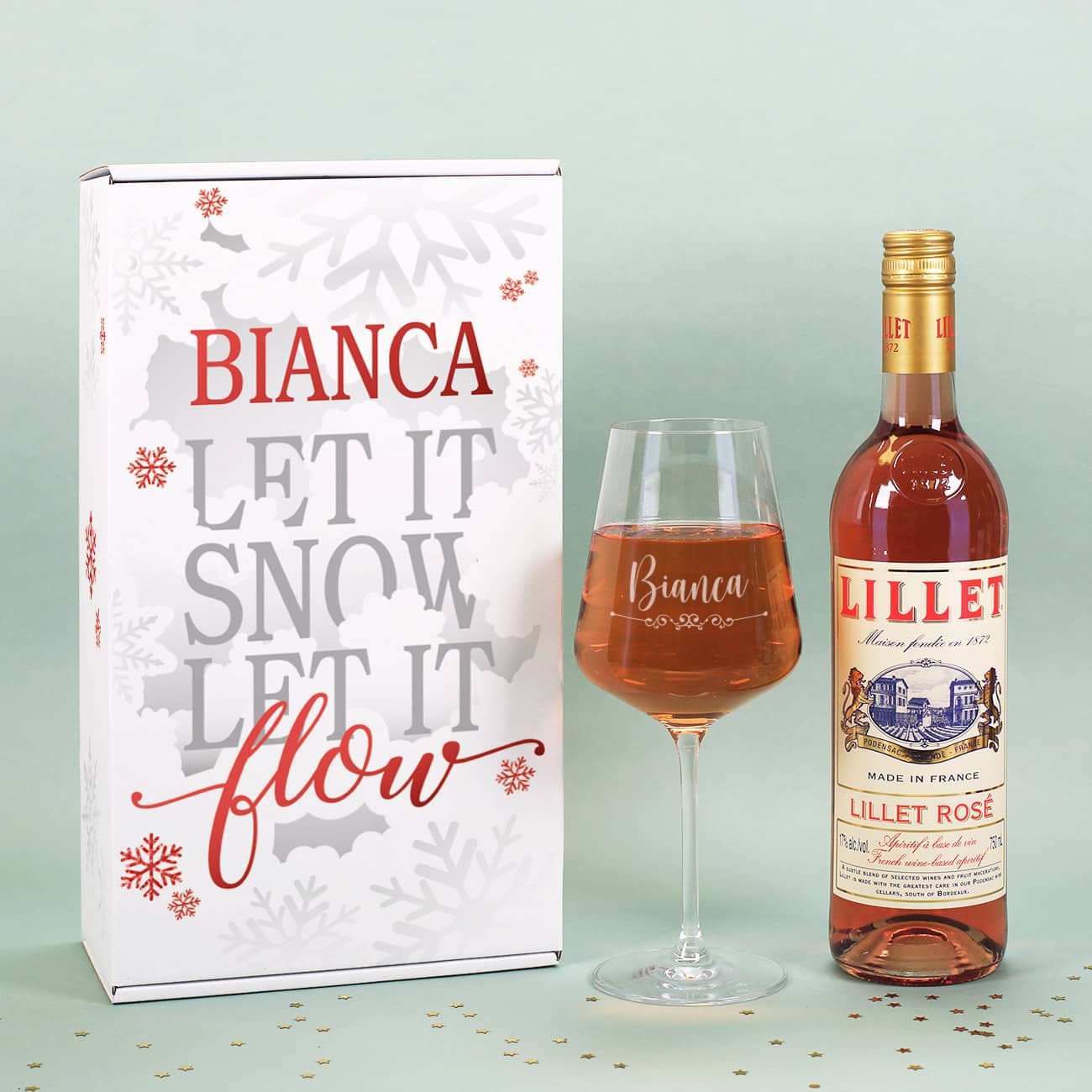 Geschenkset "Let it Snow" zu Weihnachten mit Lillet und graviertem Weinglas in persönlicher Geschenkbox