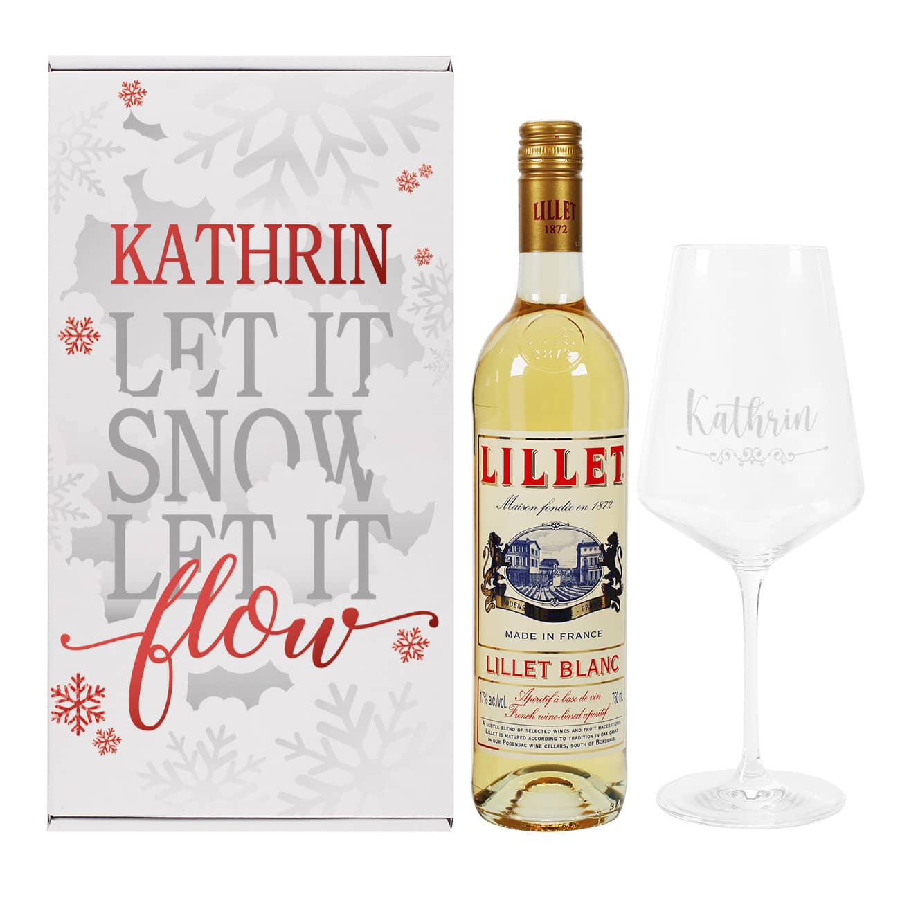 Winterliches Präsent "Let it Snow" zu Weihnachten mit Lillet, graviertem Glas und Geschenkbox