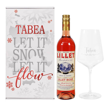 Weihnachtsgeschenk "Let it Snow" mit Lillet, graviertem Glas und Geschenkbox - auf Ihren Wunschnamen abgestimmt