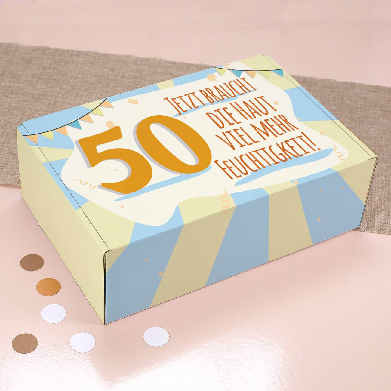 personalisierte Geschenkverpackung aus Pappe mit ustigem Spruch und Ihrem Wunschalter
