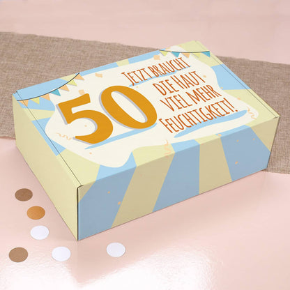 personalisierte Geschenkverpackung aus Pappe mit ustigem Spruch und Ihrem Wunschalter