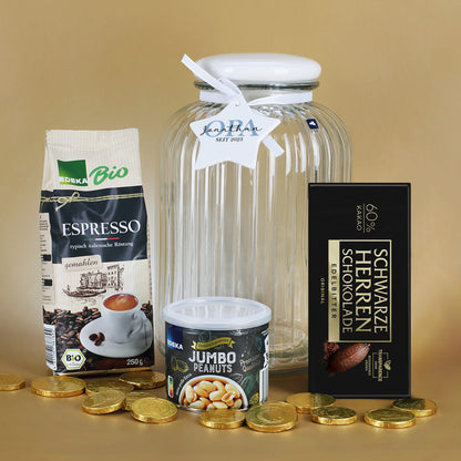 Gefüllte XL Glasdose - Opa seit - mit Schokolade, Espresso und Nüssen