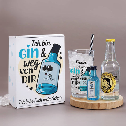 Ich bin Gin & weg von dir - Gin Geschenkset mit bedrucktem Glas