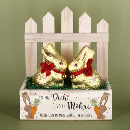 Osterkorb mit Zaun bedruckt mit Hasen & Text nach Wunsch