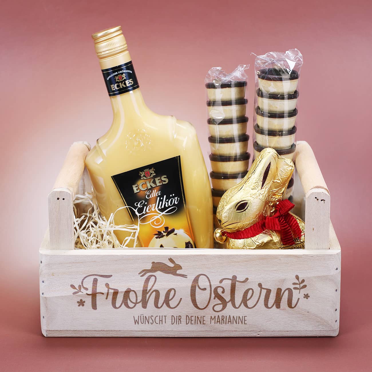 Geschenkset zu Ostern mit Eierlikör, Waffelbecher und Lindt Osterhase