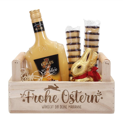 Geschenkset zu Ostern mit Eierlikör, Waffelbecher und Lindt Osterhase