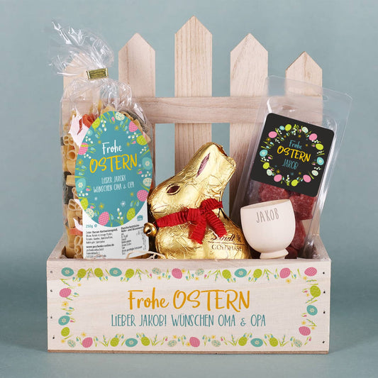 Holzkorb mit leckerem Inhalt zu Ostern