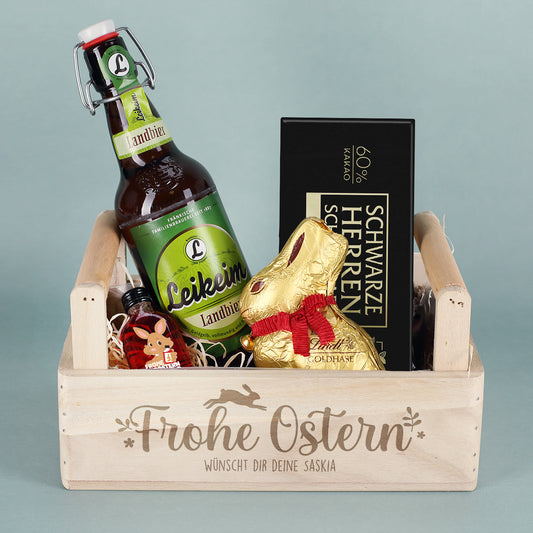 Männer Geschenkset zu Ostern, mit Herrenschokolade, Bier, Schnaps und Lindt Goldhase