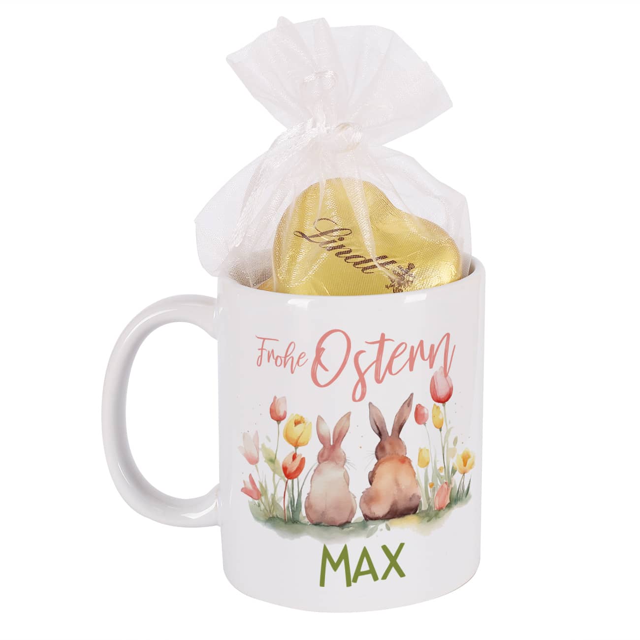 Ostergeschenk - Tasse mit Hasen, Blumen, Name & Lindt Schokoladenherzen