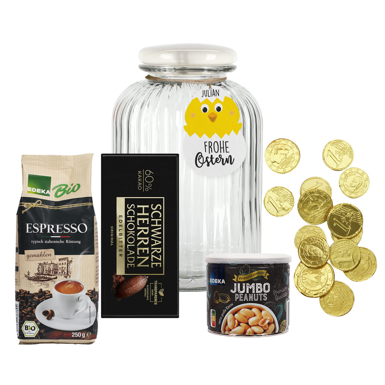 Geschenkset zu Ostern in großer Glasdose mit süßem Kükenanhänger