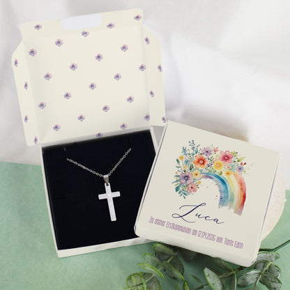 Kreuz-Halskette mit Gravur und personalisierbarer Geschenkbox zur Taufe, Kommunion, Konfirmation oder Firmung mit Regenbogen-Motiv
