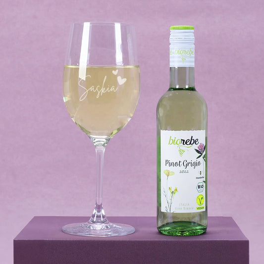Edles Weinglas mit Namensgravur & dazu passende Weinflasche