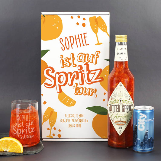 Geschenkset "Auf Spritztour" mit Glitter Spritz, einem gravierten Glas & Secco
