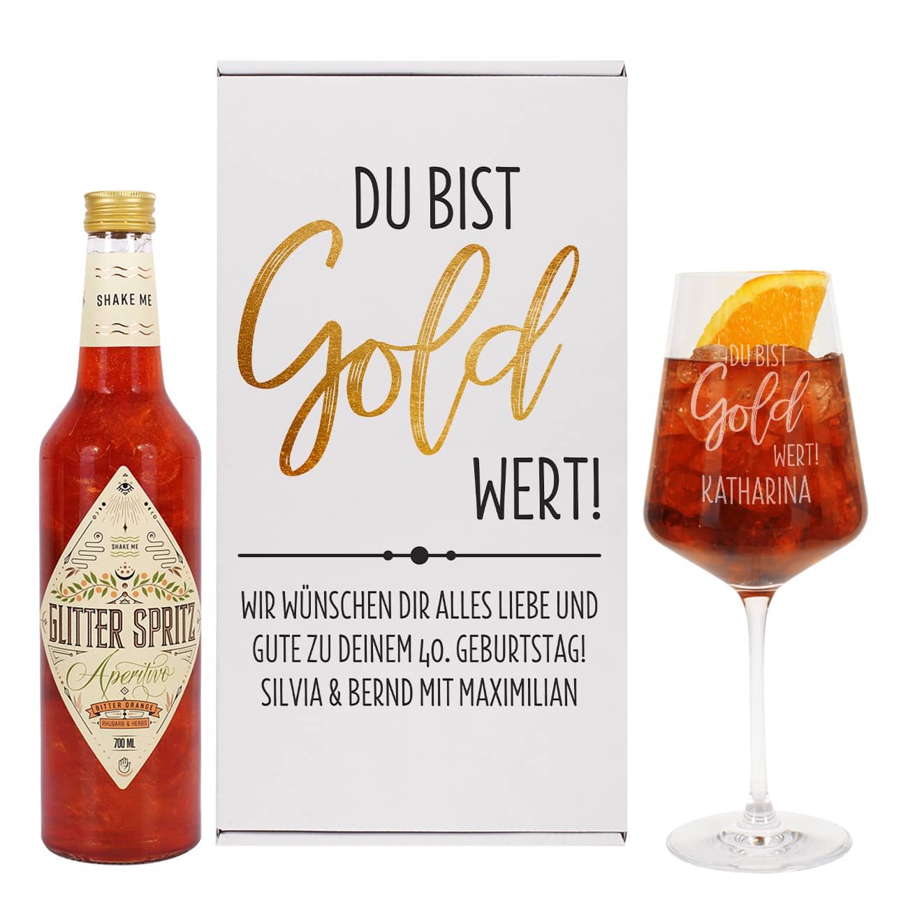 Geschenkset Glitter Spritz mit Getränk, Geschenkbox & Weinglas