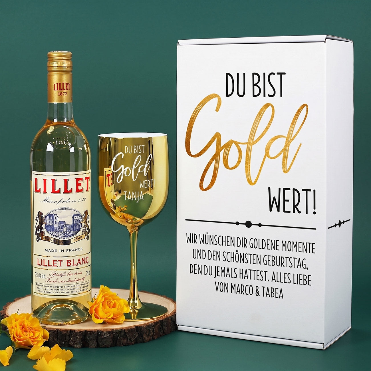 Du bist Gold wert! - Tolles Geschenkset mit Lillet Blanc und Trinkkelch in Gold mit Wunschnamen