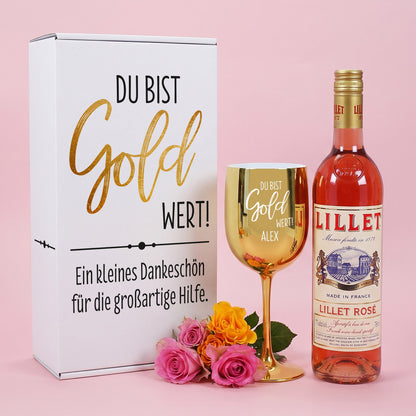 Du bist Gold wert! - Tolles Geschenkset mit Lillet Rosé und persönlich gravierten Trinkkelch in Gold