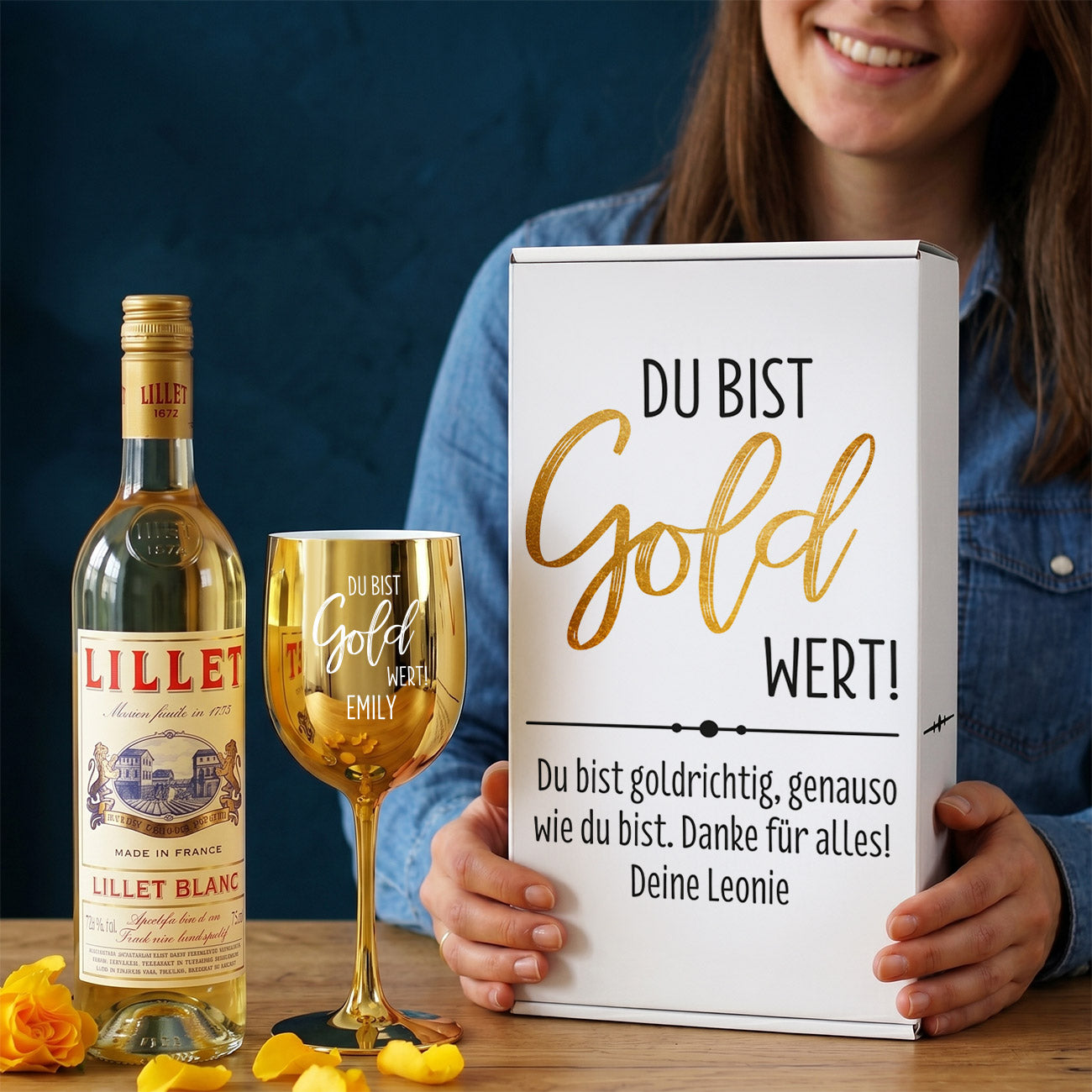 Geschenkset mit Lillet Blanc und Gold farbenen Kelch – Du bist Gold wert! 