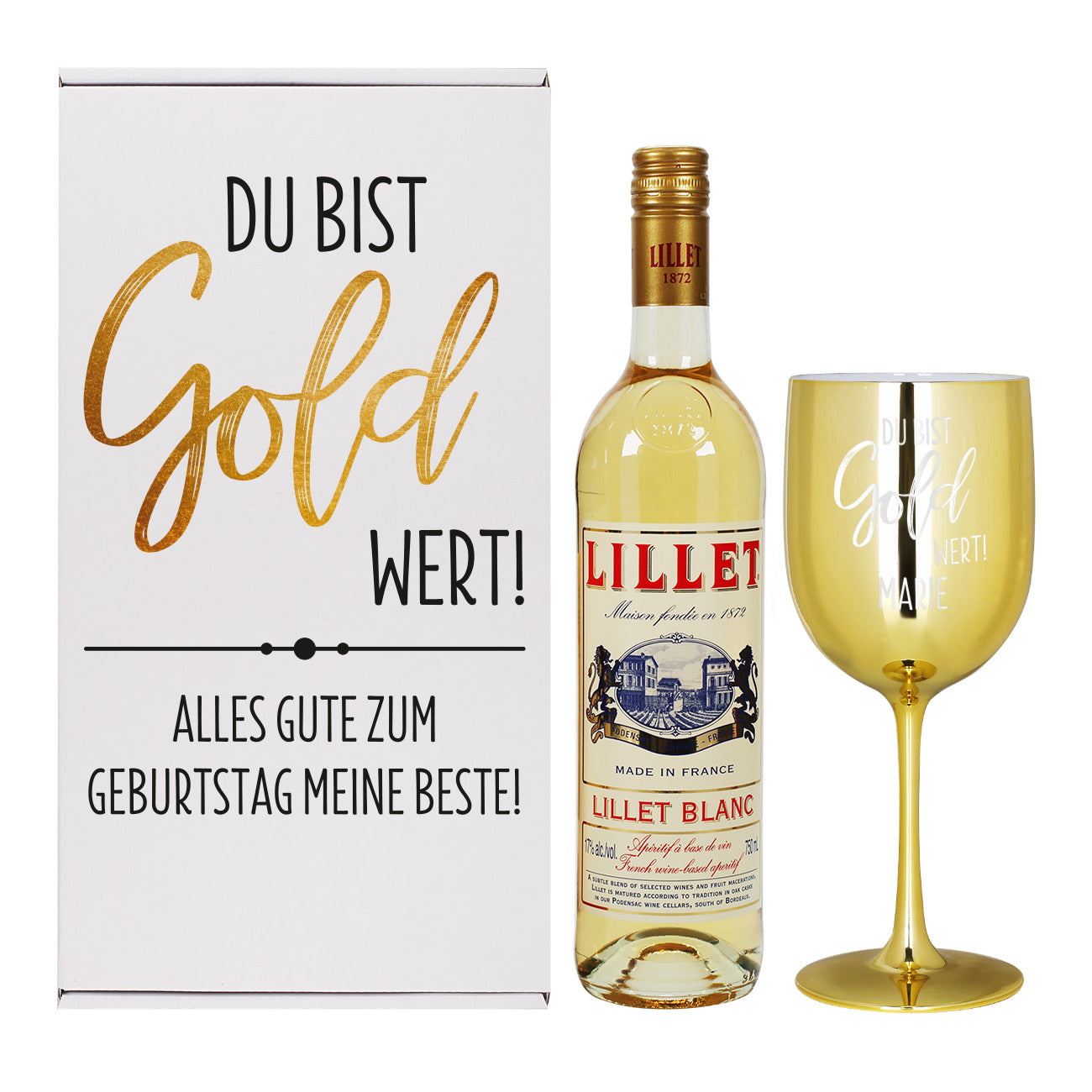 Lillet Geschenkset - Du bist Gold wert! - mit Lillet Blanc und graviertem Trinkkelch