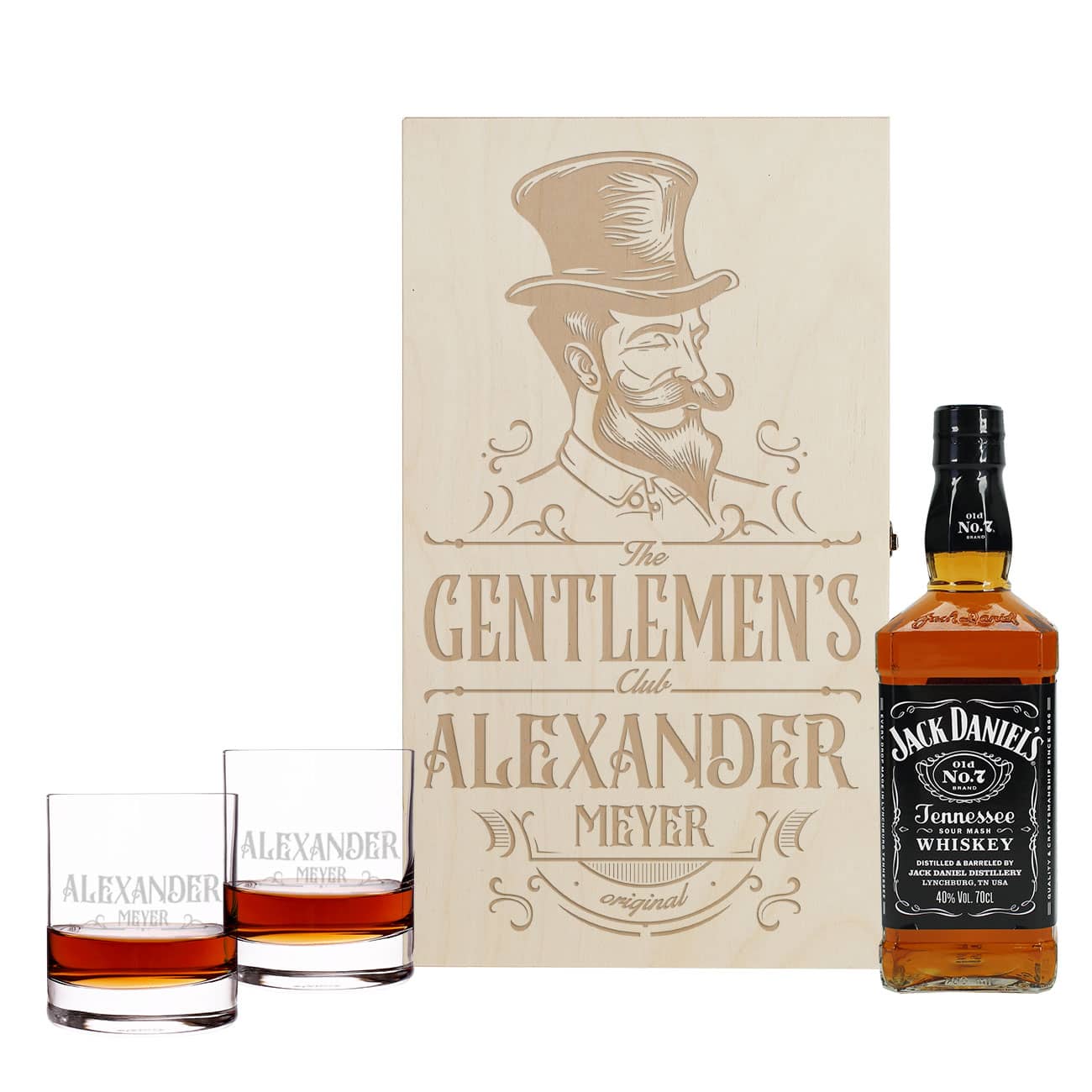 Zwei Whiskygläser, Holzkiste mit Gravur & Flasche Whiskey
