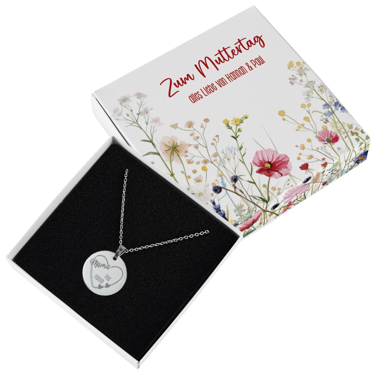 Halskette mit Namen der Kinder in Mamas Herz - mit persönlicher Geschenkbox