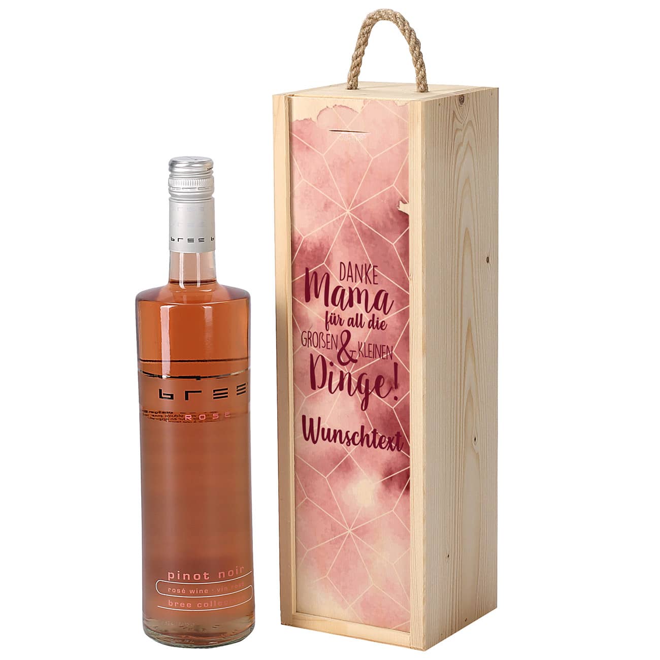 Muttertagsgeschenk - Weinflasche in bedruckter Holzbox mit Ihrem Wunschtext