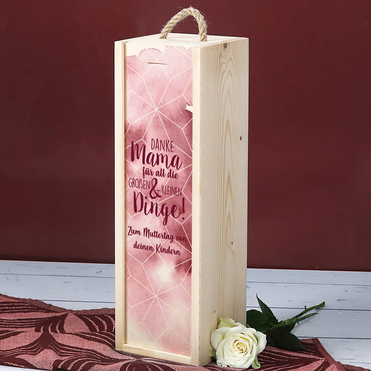 Muttertagsgeschenk - Weinflasche in bedruckter Holzbox mit Ihrem Wunschtext