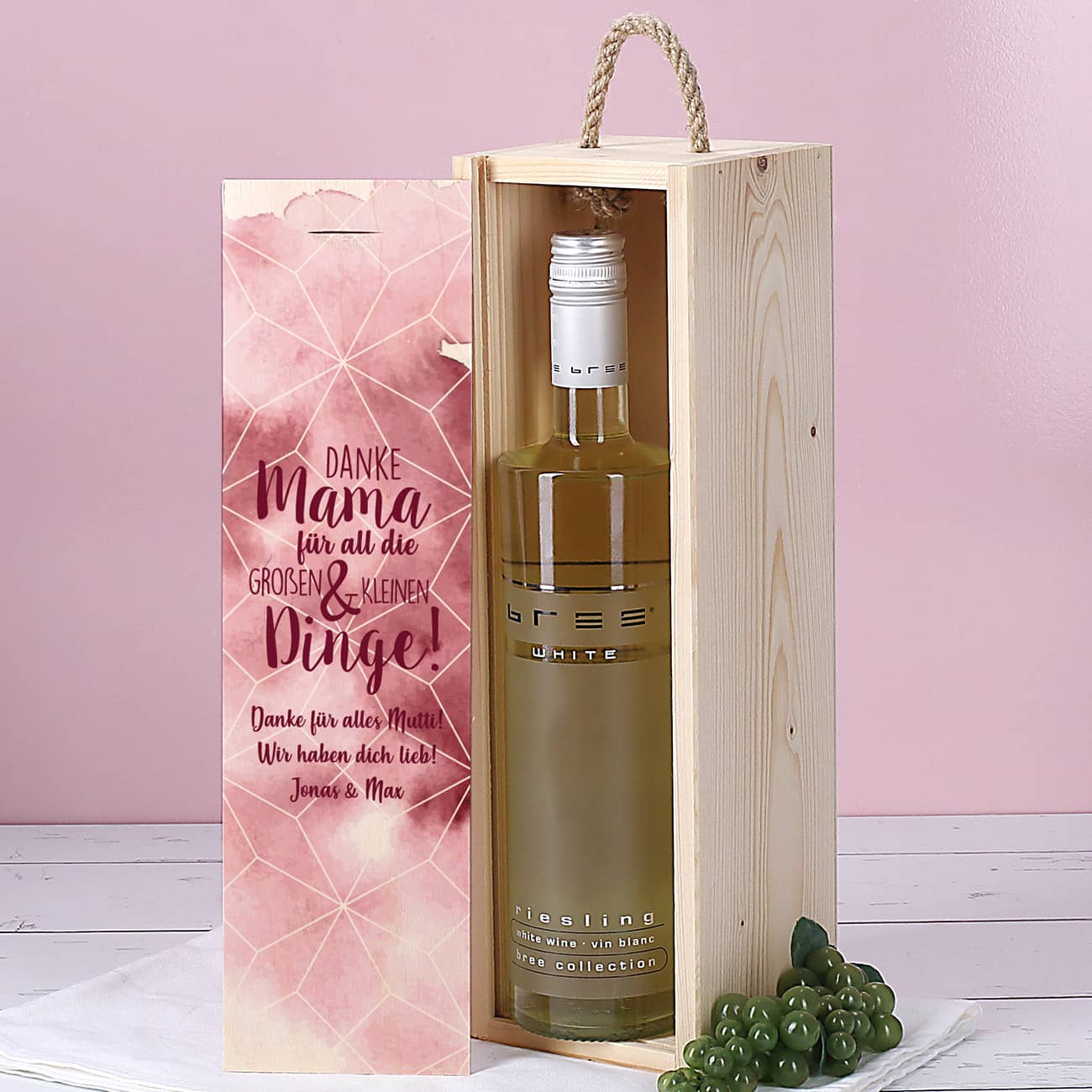 Muttertagsgeschenk - Weinflasche in bedruckter Holzbox mit Ihrem Wunschtext