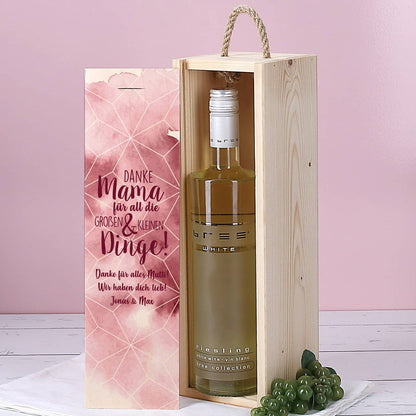 Muttertagsgeschenk - Weinflasche in bedruckter Holzbox mit Ihrem Wunschtext